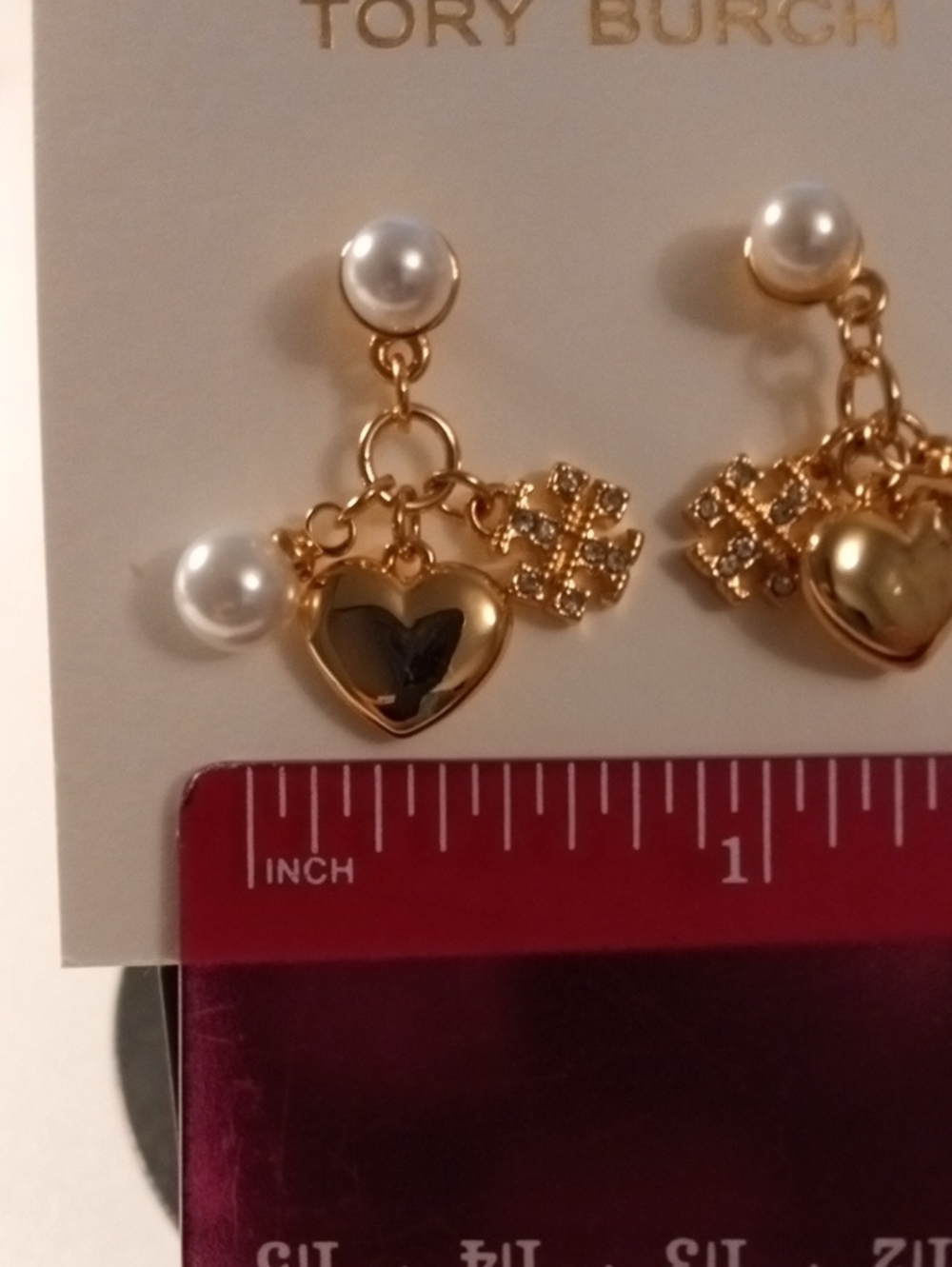 Tory Burch Gold Heart and Pearl Charm Drop Earrings - Picture 5 of 6